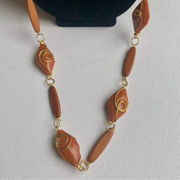 Vintage Butterscotch Beaded Long Necklace Golden Wire Wrapped Beads Elegant 21" - Picture 3 of 7